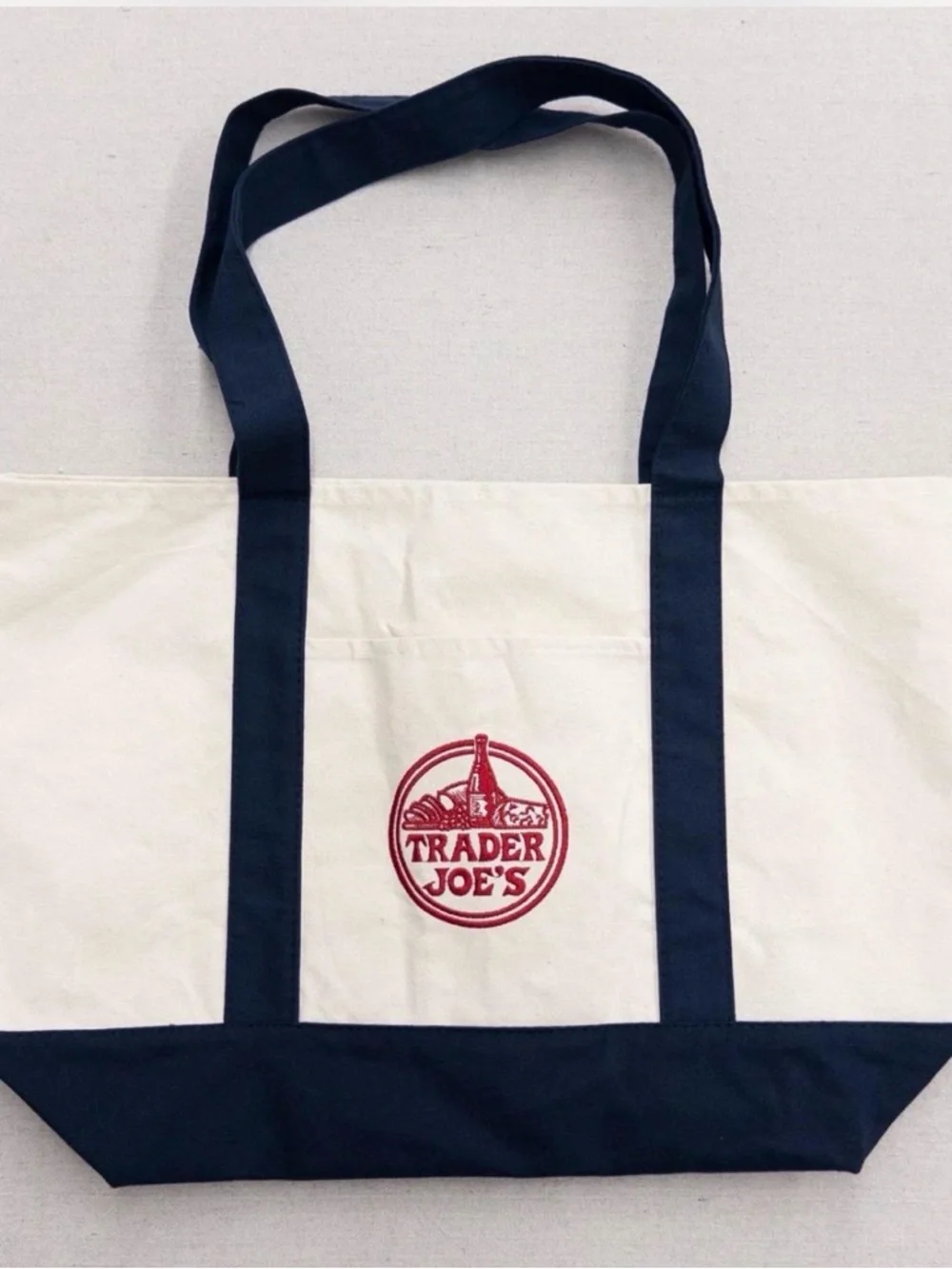 Trader Joe's Cream and Navy Canvas Large Tote Bag